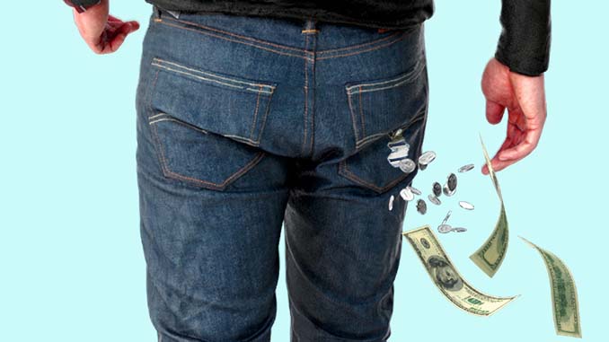 Man Walking Away With Money Falling Out Of His Pocket