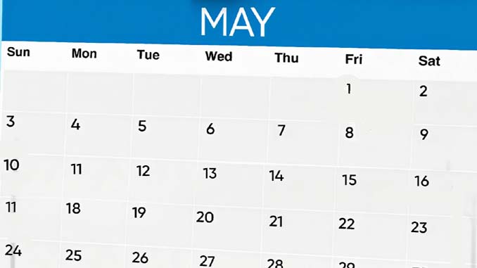 Calendar Showing The Month Of May