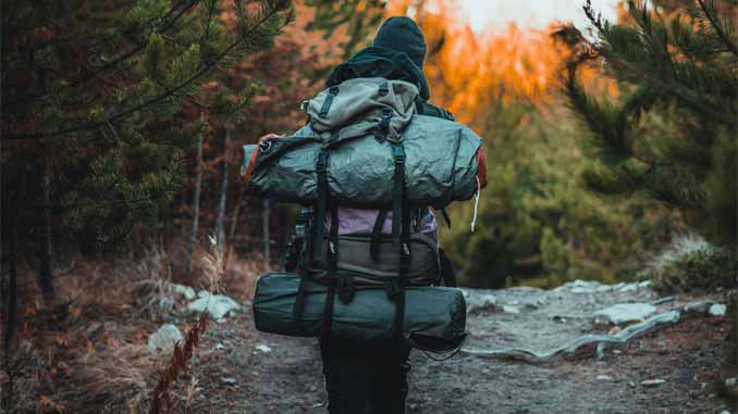 Woman With Camping Gear Walking In The Woods