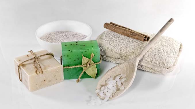 Products Used During A Spa Day. Luffa, Soap. Candles