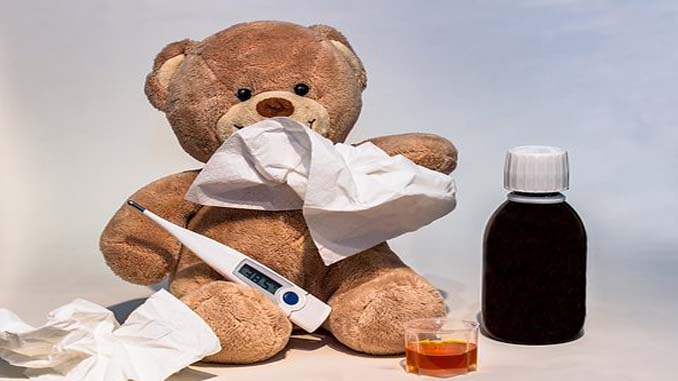 Teddy Bear With Kleenex, Thermometer And Cough Syrup