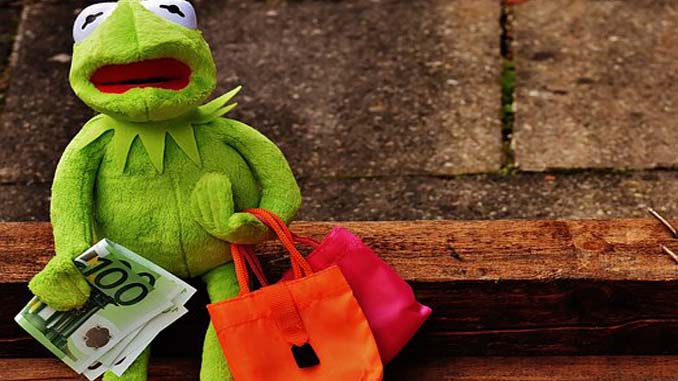 Kermit Holding Cash And Shopping Bags